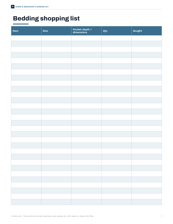 Preview of Printable Bedding Shopping List