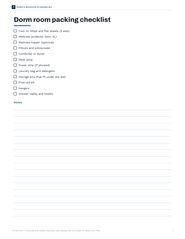 Preview of Printable Dorm Checklist